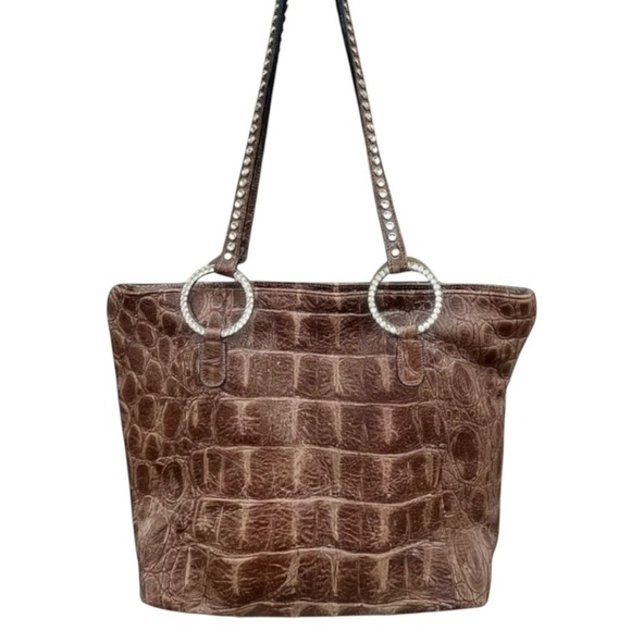 Raviani Brown Croc Embossed Leather With Crystals Tote Bag - Picture 1 of 9